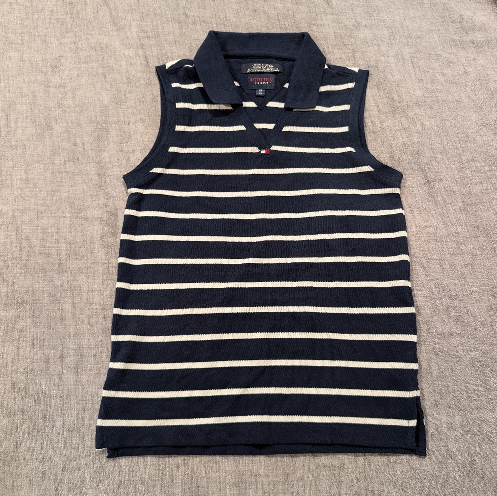 Vintage Y2K Tommy Jeans Sleeveless Blue/White Striped Polo Top Size XS NWT